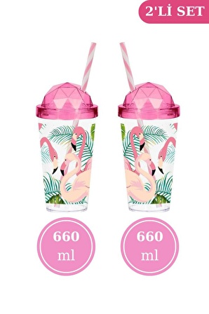 Flosoft 2'li Flamingo Desenli Pipetli Bardak, Kahve Meşrubat Milkshake Sunum Bardağı 660ml x 2 ADET