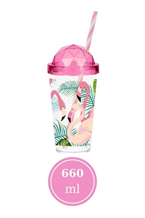 Flosoft Flamingo Desenli Pipetli Bardak, Kahve Meşrubat Milkshake Sunum Bardağı 660ml