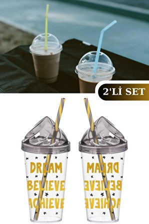 Flosoft 2'li Dream Krema Kapak Pipetli Bardak, Kahve Meşrubat Milkshake Sunum Bardağı 660ml x 2 ADET