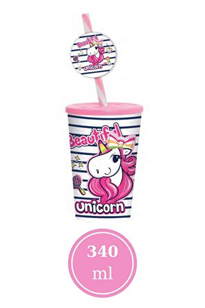 Flosoft Unicorn Çocuk Pipetli Bardak, Unicorn Desenli Su Süt Meşrubat Bardağı 340ml