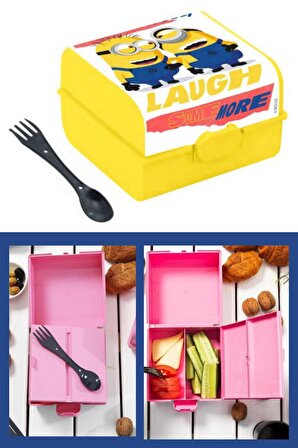 Flosoft Lisanslı Minions Beslenme Kutusu, Desenli 3 Bölmeli Kilitli Çatal-Kaşıklı Okul Beslenme Kabı