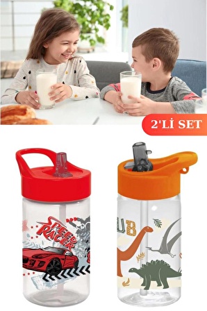 Flosoft Dino Club + Yarış Arabası Pipetli Çocuk Matara, Su Süt Meşrubat Bardağı 430ml 2’li Set