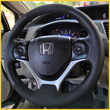 Honda Civic FB7 Araca Özel Direksiyon Kılıfı (Nubuk Noktalı Siyah Dikişli)
