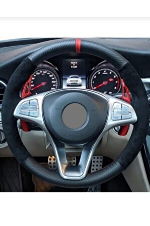 Ford Focus 2 Uyumlu Dikmeli Direksiyon Kılıfı Alkantara Karbon Kırmızı