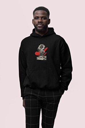 Flower Baskılı Siyah Erkek Kapüşonlu 3 iplik Şardonlu Ribanalı Sweatshirt Hoodie