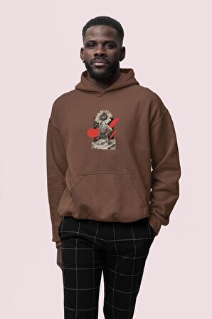 Flower Baskılı Kahverengi Erkek Kapüşonlu 3 iplik Şardonlu Ribanalı Sweatshirt Hoodie