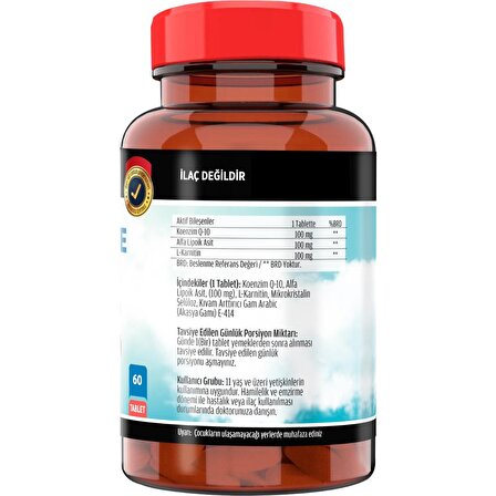 Koenzim Alfa Lipoik Asit L-Karnitin Coenzyme Q10 60 Tablet