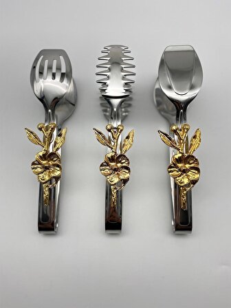 Japon Güllü Gümüş Salata, Makarna ve Pasta Servis Sunum Maşası, Paslanmaz Çelik Yemek Maşa Seti