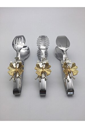 Kelebekli Gümüş Salata, Makarna ve Pasta Servis Sunum Maşası, Paslanmaz Çelik Yemek Maşa Seti