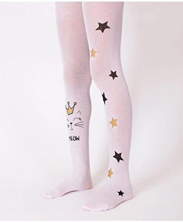 Beyaz Meow Kedi Ve Yıldız Desen Kız Çocuk Külotlu Çorap