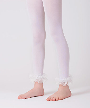 Kız Çocuk Paçası Kurdeleli Beyaz Külotlu Çorap Tayt