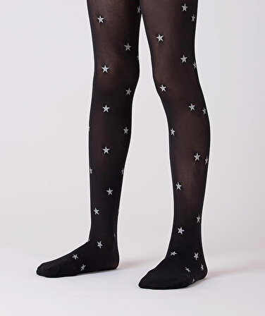 Gümüş Yıldız Desenli Siyah Kız Çocuk Külotlu Çorap