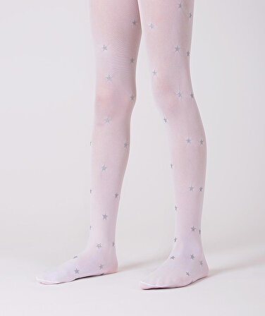 Gümüş Yıldız Desenli Beyaz Kız Çocuk Külotlu Çorap