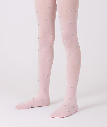 Gümüş Yıldız Desenli Pembe Kız Çocuk Külotlu Çorap