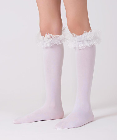 Diz Altı Beyaz Kurdeleli Organze Kız Çocuk Çorap