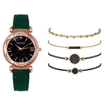 Gogoey Kadın Kol Saati Lüks Moda Şık Trend Set Saat Yeşil Renk + 4 Adet Bileklik