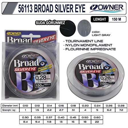 SÜPER KALİTE JAPON MİSİNA Owner Broad Silver Eye 150m Light Grey 0,16MM
