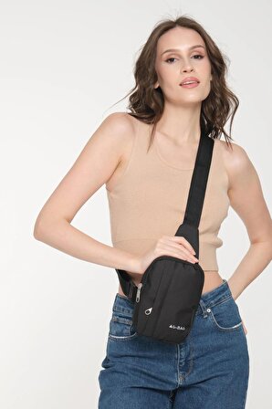 Gbag Unisex Çapraz Askılı Ortadan Fermuarlı Vücut Çantası Body Bag Omuz Askılı Çanta Siyah