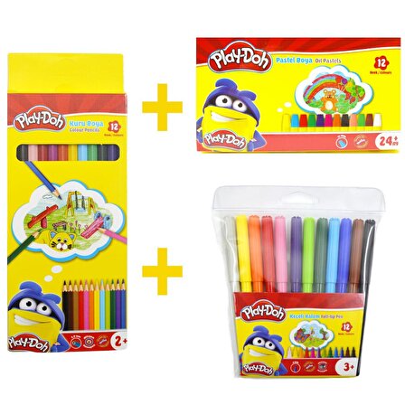 Play-Doh 12 Renk Kuru Boya 12 Renk Pastel Boya 12 Renk Keçeli Kalem Set