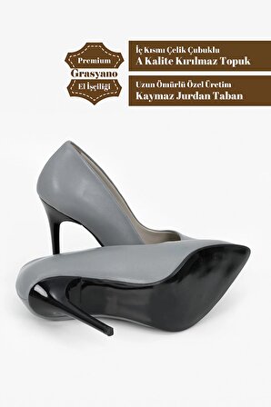 Hakiki Deri Taş Gri Sade Şık Comfort Premium Yumuşak Deri Yüksek Stiletto 10,5 Cm İnce Topuk