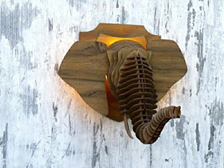 Fil Kafası Tasarımlı Doğal Ahşap MDF Lazer Kesim Rustik Salon Aplik Duvar Dekoru (Ampul Dahil)