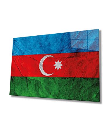 Dokulu Azerbaycan Bayrağı Cam Tablo, Uv Baskılı ve Temperli, Hediyelik