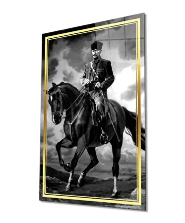 Gold Şerit Siyah Beyaz At Üzerinde Atatürk Cam Tablo, Uv Baskılı ve Temperli, Hediyelik