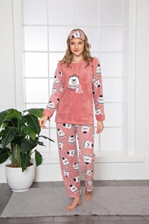 Desenli Gül Kurusu Welsoft Polar Pijama Takımı Göz Bandı Hediyeli