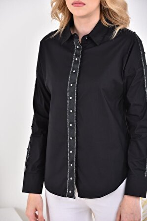 Ön ve Kol Şeritli Simli Taş Detaylı Siyah Kadın Gömlek