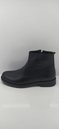 Erol Shoes Yuvarlak Burun Kısa Topuk Deri Görünümlü Soğuk Havaya Dayanıklı Günlük Siyah Klasik Bot Hakiki Deri