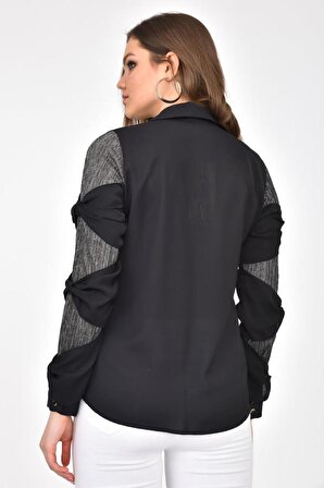 Uzun Kollu Takı Detaylı Siyah Kadın Gömlek