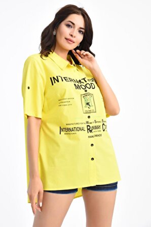 Baskılı Kısa Kollu Sarı Kadın Gömlek