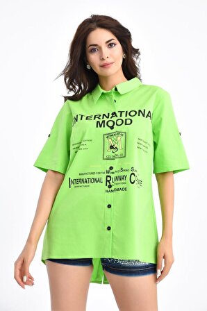 Baskılı Kısa Kollu Yeşil Kadın Gömlek