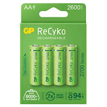 GP Batteries ReCyko 2700 AA Kalem Ni-MH Şarjlı Pil, 1.2 Volt, 4'lü Kart