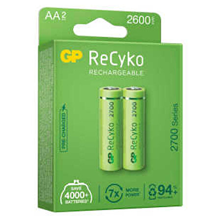 GP Batteries ReCyko 2700 AA Kalem Ni-Mh Şarjlı Pil, 1.2 Volt, 2'li Kart