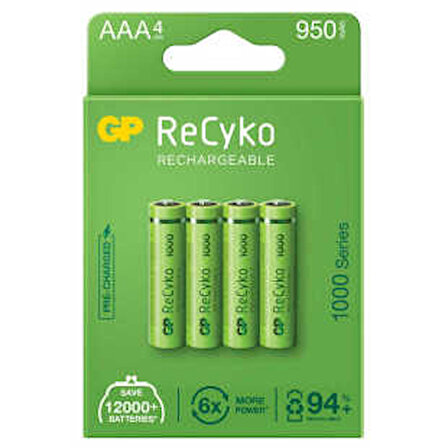 GP Batteries ReCyko 1000 AAA İnce Kalem Ni-Mh Şarjlı Pil, 1.2 Volt, 4'lü Kart
