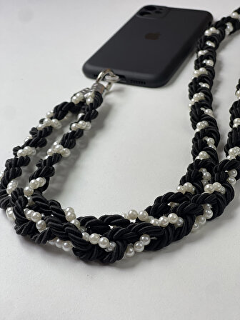 El Yapımı Örgü Telefon Boyun Askısı - Tri-color Knit v1 - Siyah Gri