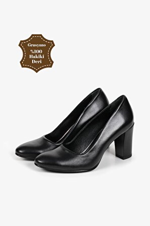 Hakiki Deri Siyah Premium Yumuşak Deriden Sade Düz Model Comfort Klasik7,5 Cm Kalın Topuklu Ayakkabı