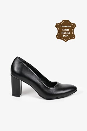 Hakiki Deri Siyah Premium Yumuşak Deriden Sade Düz Model Comfort Klasik7,5 Cm Kalın Topuklu Ayakkabı