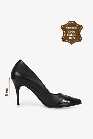 %100 Hakiki Deri Premium Kalite El Yapımı Rahat Ve Şık Siyah 9 Cm Yüksek Ince Topuklu Ayakkabı