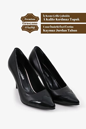 %100 Hakiki Deri Premium Kalite El Yapımı Rahat Ve Şık Siyah 9 Cm Yüksek Ince Topuklu Ayakkabı