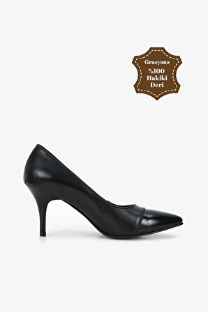 %100 Hakiki Deri Premium El Yapımı Rahat Ve Şık Siyah 7,5 Cm Ince Topuklu Stiletto Ayakkabı