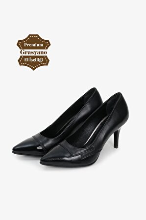 %100 Hakiki Deri Premium El Yapımı Rahat Ve Şık Siyah 7,5 Cm Ince Topuklu Stiletto Ayakkabı