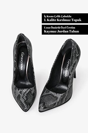 Hakiki Deri Gümüş Yılan Baskılı Desenli Yumuşak Deriden Özel Davet 10,5 Cm Stiletto Topuklu Ayakkabı