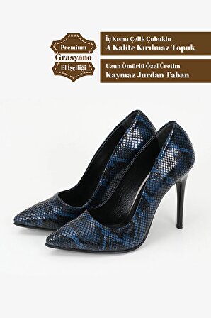 Hakiki Deri Gümüş Yılan Baskılı Desenli Yumuşak Deriden Özel Davet 10,5 Cm Stiletto Topuklu Ayakkabı