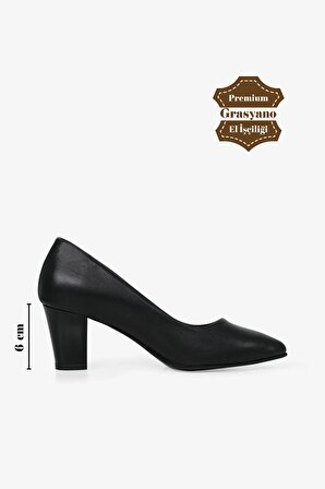 Hakiki Deri Siyah Yumuşak Yüksek Kalite Deriden El İşçiliği Konforlu 6 cm Kalın Topuklu Ayakkabı