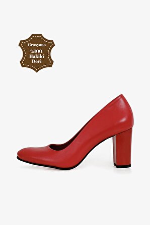 Hakiki Deri Kırmızı Sade Comfort Premium Yumuşak Deriden 7,5 Cm Kırılmaz Kalın Topuklu Ayakkabı