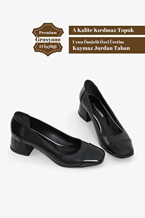 Hakiki Deri Siyah Rugan Detay Comfort 1. Kalite Yumuşak Deri Klasik Kalın Topuklu Butik Ayakkabı