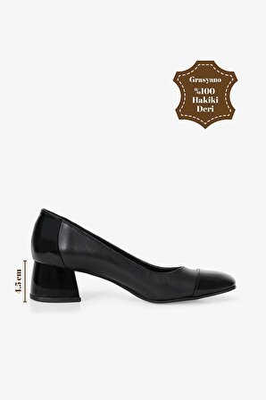 Hakiki Deri Siyah Rugan Detay Comfort 1. Kalite Yumuşak Deri Klasik Kalın Topuklu Butik Ayakkabı