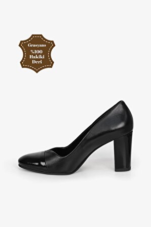 Hakiki Deri Siyah Ruganlı Yumuşak 1. Sınıf Deri Comfort 7,5 Cm Kalın Klasik Topuklu Ayakkabı
